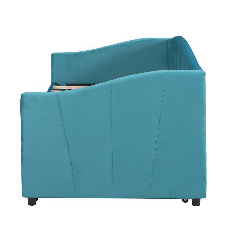 Blue Upholstered Velvet Twin Daybed with Trundle