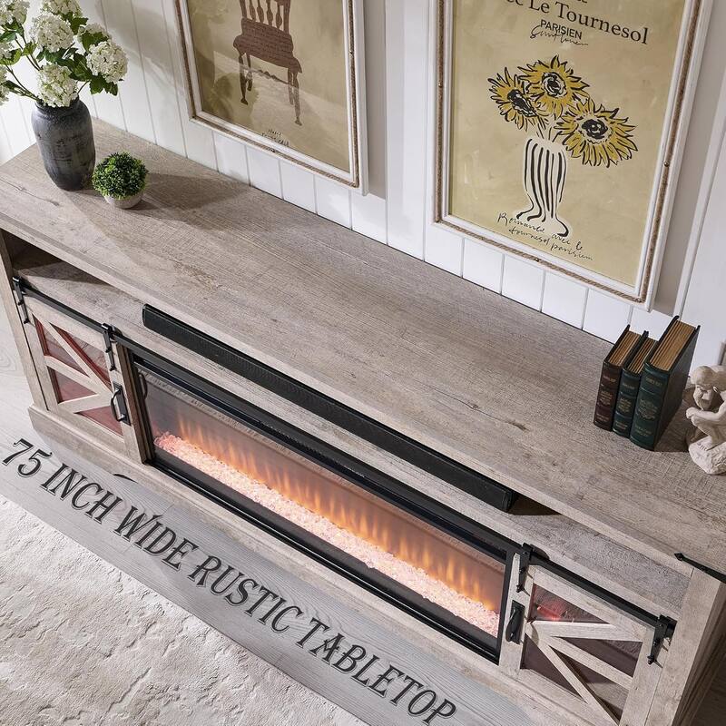 Farmhouse Fireplace TV Stand for 80" TV, Rustic Entertainment Center