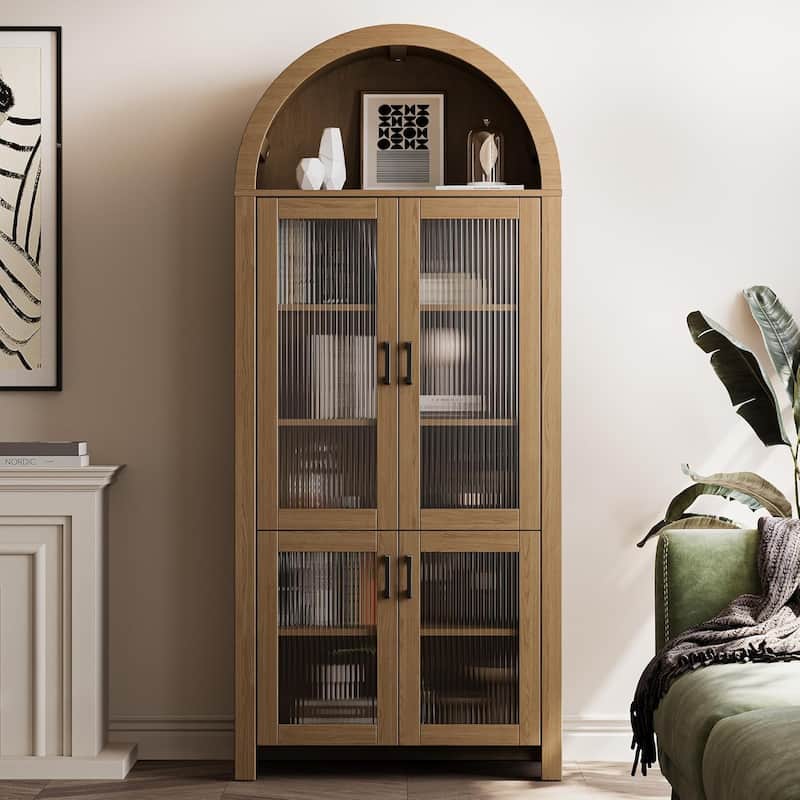 71" Tall Arched Cabinet with Glass Doors, Modern Farmhouse Arched Bookcase Storage with Shelves, Pantry Cabinet