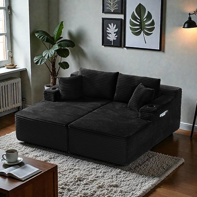 Compressible U-Shaped Modular Sectional Sofa, Corduroy Cloud Couch, 6-Seat Minimalist Living Room Sofa