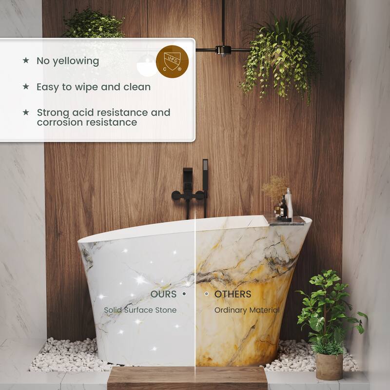 51 in. x 28 in. Solid Surface Freestanding Deep Soaking Bathtub with Built-In Seat, Right Drain, Matte White with Marble Pattern