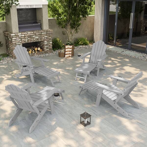 slide 2 of 8, Bonosuki 4-Piece Folding Adirondack Chairs with Retractable Ottoman and Cup Holder Lawn Outdoor Lounge Chair Light Gray