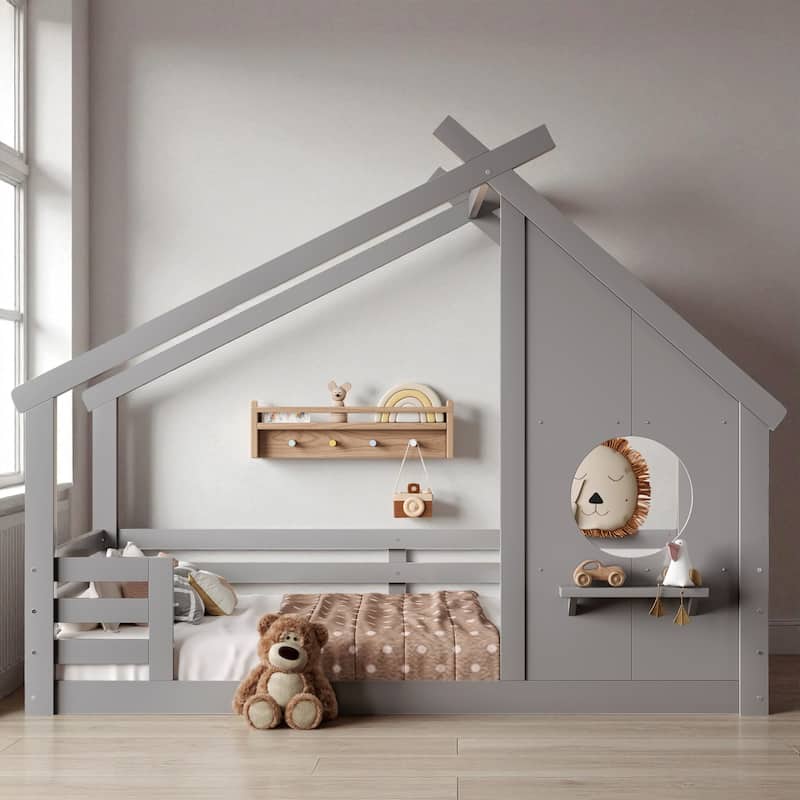 Twin/Full Size Solid Wood House Floor Bed with Window and Shelf, Montessori Low Bed Frame for Kids, No Box Spring Needed
