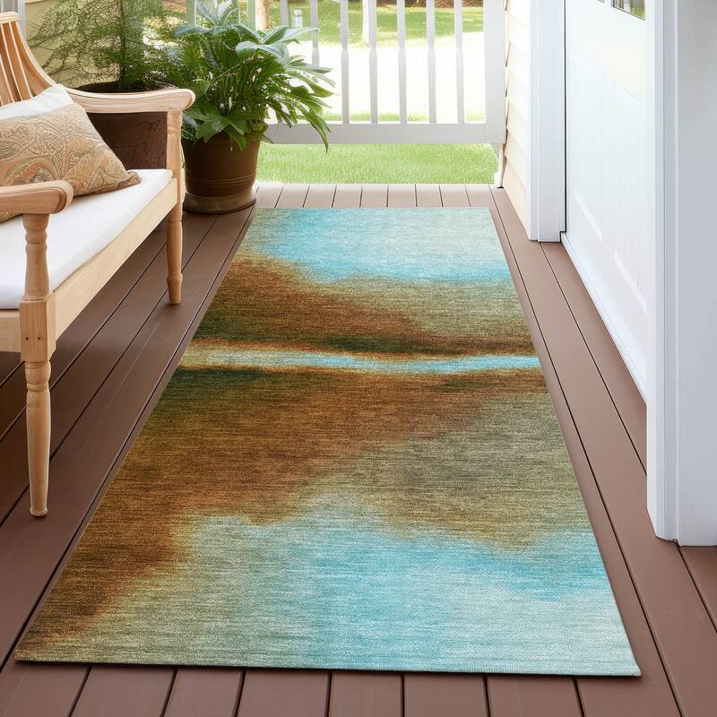 Machine Washable Indoor/ Outdoor Modern Landscape Chantille Rug - Blue - 2'3" x 7'6"