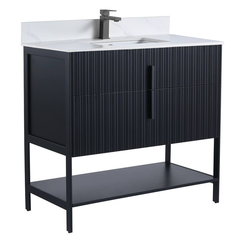 Fine Fixtures Serenity Modern Bathroom Vanity with White Carrara Stone Top - Black Matte - Black Hardware - 36 inch