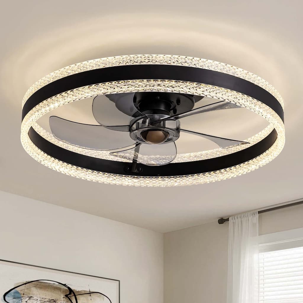 Modern Flush Mount Ceiling Fans with Lights, 20” Black Dimmable Low Profile Ceiling Fans with Remote and APP Control