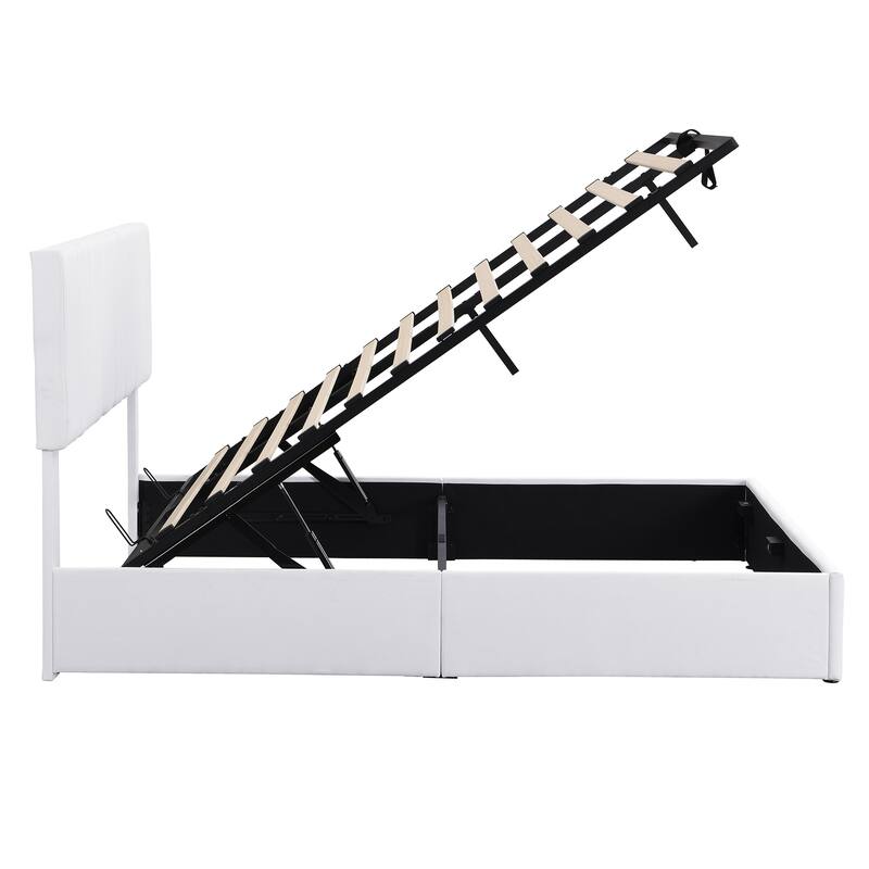 Hydraulic Lift Up Storage Bed, Linen Upholstered Platform Bed Frame with Vertical Panel Headboard, Wooden Slat Support