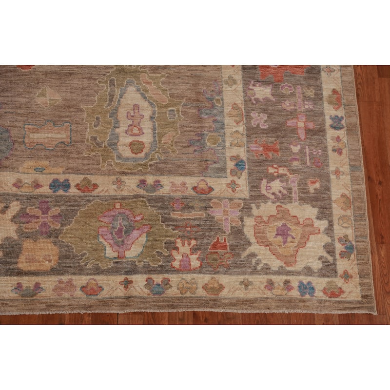 Hand Knotted Oriental 100% Wool Carpet Transitional All-Over Brown Oushak Area Rug - 12' 4'' X 9' 5''