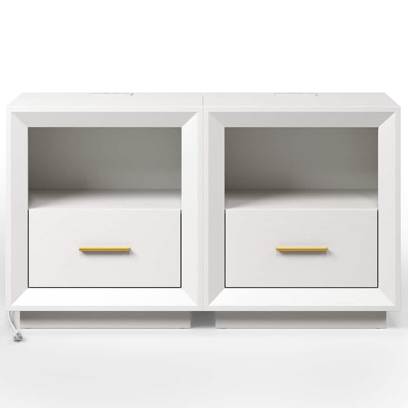 Modern Nightstand with Charging Station， Set of 2 - White
