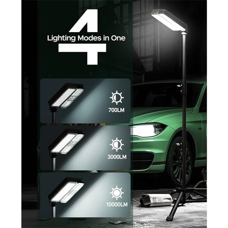 10000lm Dimmable Rechargeable Work Light w/ 2 Separate Lights, 2 Charge Ways Type C & Solar Powered