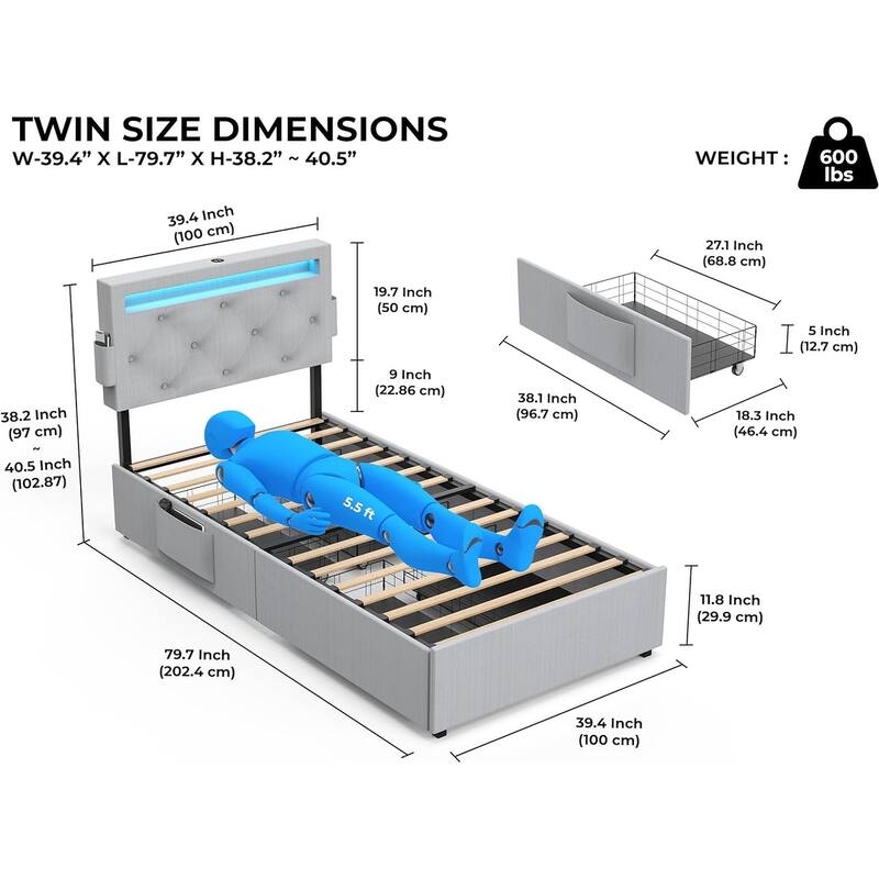 Twin Bed Frame with USB Charging Station and LED Lights