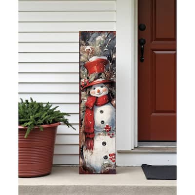HomeRoots 36" Blue White And Red Christmas Snowman Solid Wood Porch Sign