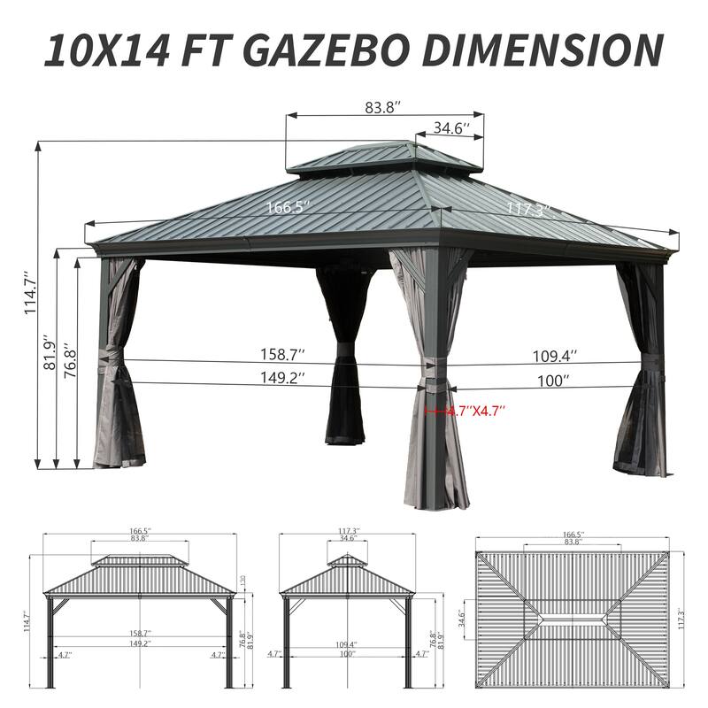 10' X 14' Hardtop Gazebo with Galvanized Steel Roof, Aluminum Frame, Curtains, and Netting for Outdoor Use