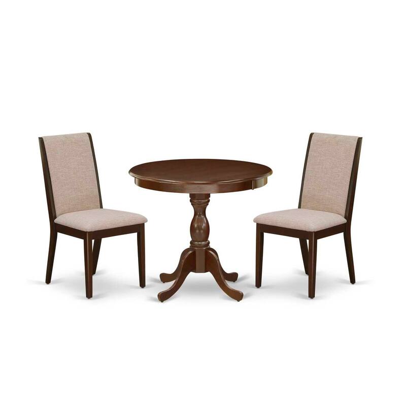3-Piece Mahogany Finish Solid Wood Top - Round Dining Room Set with High Back - Seats 4