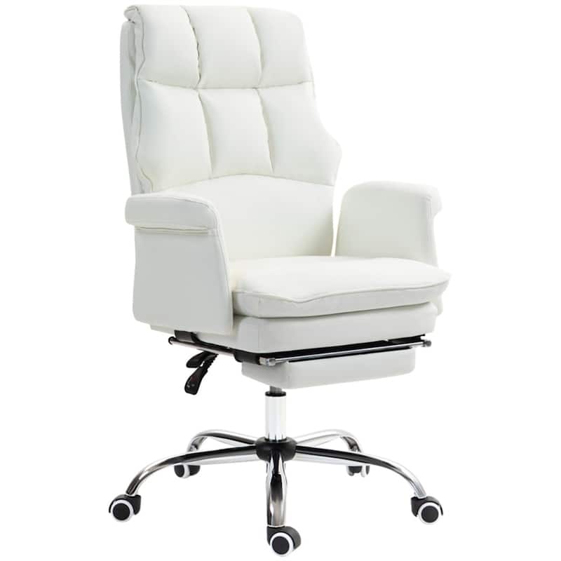 PU Leather Reclining Office Chair with Footrest and Swivel - 27.2" W x 25.2" D x 43.3" - 46.5" H - White