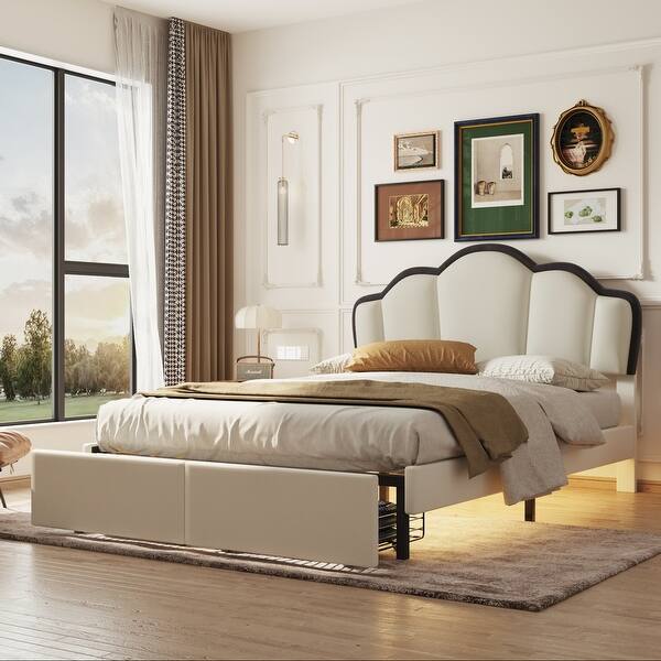 slide 2 of 30, Beige Velvet Full Platform Bed with Headboard, LED Lighting, and Storage Drawers Beige - Full