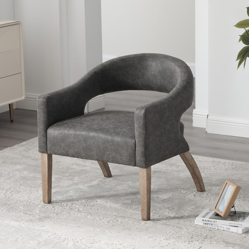 Modern Upholstered PU Open Back Accent Armchair Barrel Dining Chair with Weathered Rubberwood Legs, Hollow-Out Side Club Chair