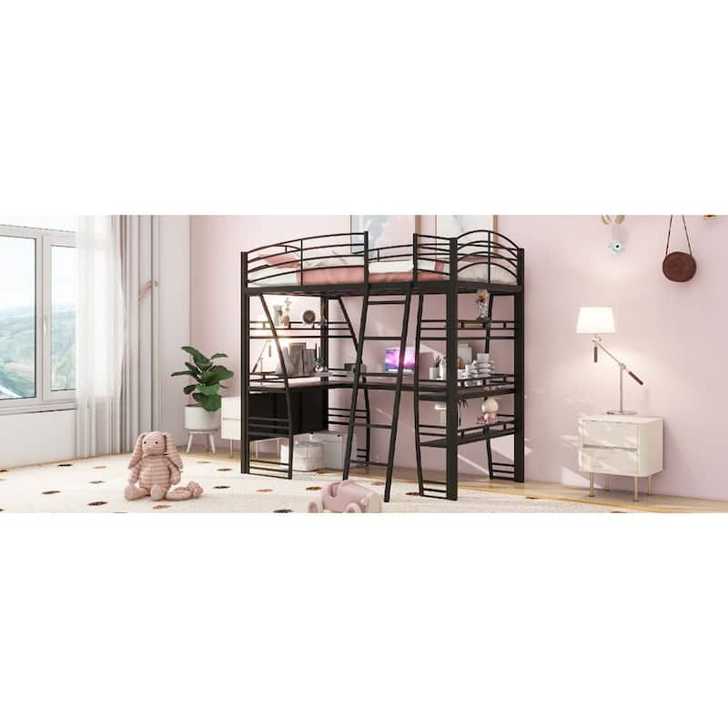 Metal Loft Bed with 4 Layers of Shelves, Desk & USB Ports & Wireless Charging