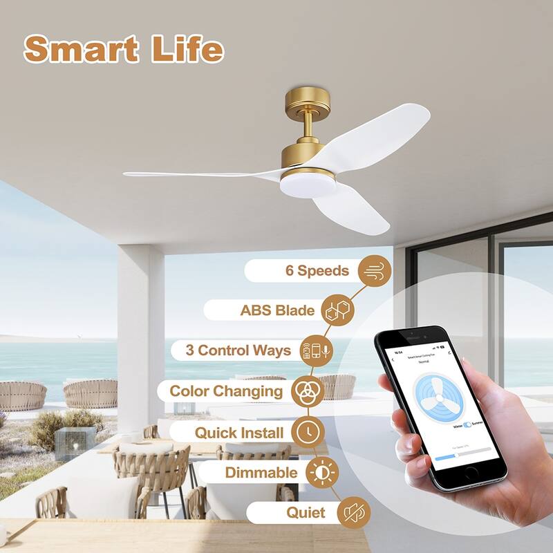 48 in. Smart Outdoor Indoor Gold White Ceiling Fans with LED Lights and Remote, WiFi Alexa App Workable, Quiet DC Motor