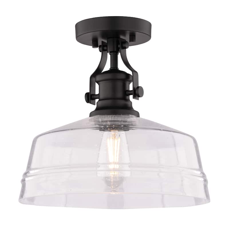VAXCEL Beloit 1-Light 12 in. Wide Matte Black Farmhouse Dome Semi Flush Mount Lighting Fixture, Clear Seeded Glass Shade