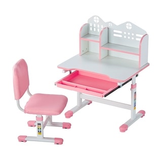 Pink Height Adjustable Kids Study Chair and Desk with Bookshelf and Drawer - 27.56 x 19.69 x (20.87 - 27.95) in