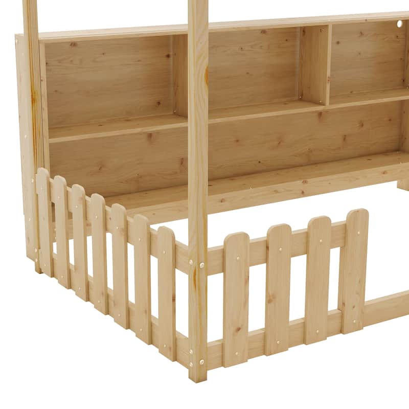 Twin Size House-shaped Bed Frame with Storage Bookshelf Built-in Lighting Strip for Kids Toddler Floor Bed with Wooden Fences