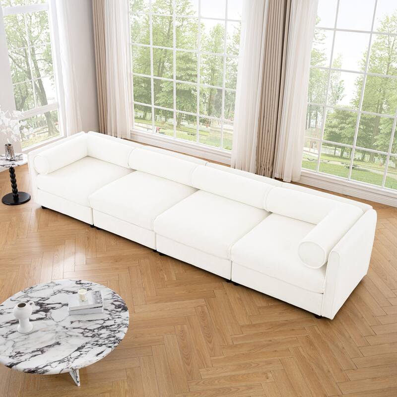 Modern Chenille 6-Seater Sofa with Ottoman Storage, Hidden Storage, Cylindrical Cushioned Arms and Backrest