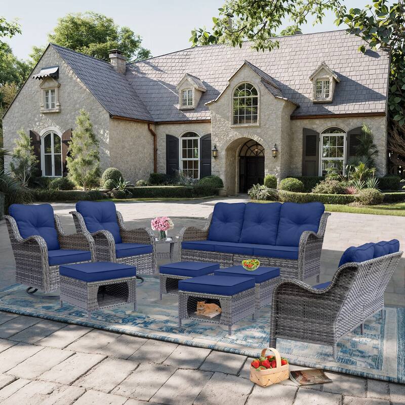 9 Piece Outdoor Wicker Patio Conversation Swivel Chairs Furniture Sets