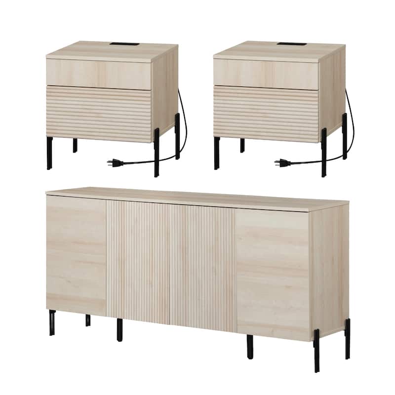 WAMPAT 3-Piece Modern Bedroom Furniture Set, Includes Sideboard Buffet Cabinet, Set of 2 Night Stands, - Beige