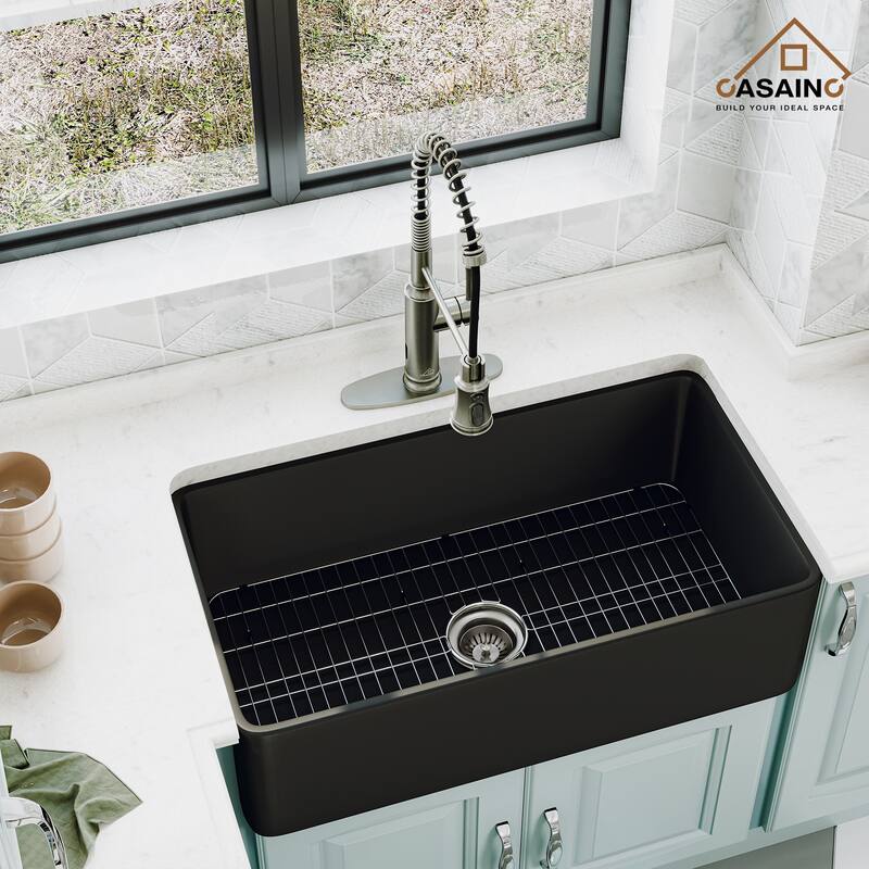 Fireclay Single Bowl Farmhouse Apron Kitchen Sink with Grid and Strainers in Matte Black - 30 x 18