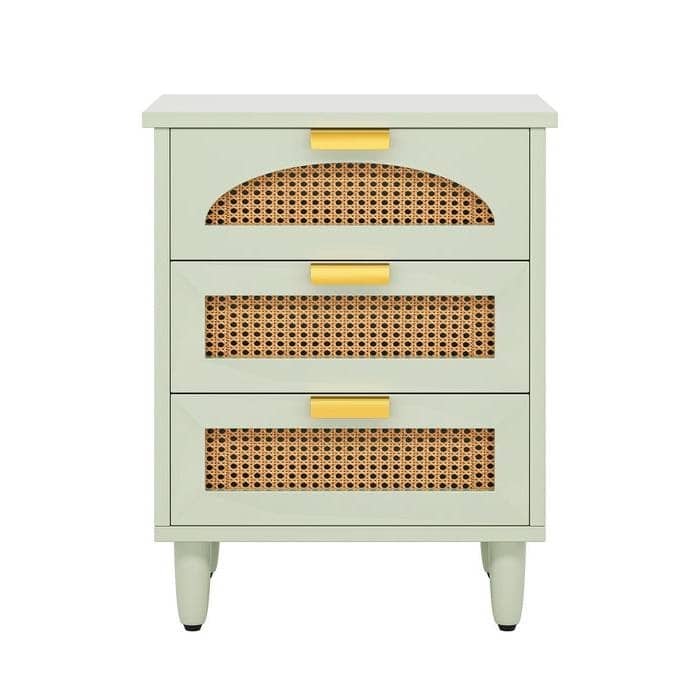 Retro Green 3 Drawer Nightstand with Rattan Accents and Gold Handles Modern Farmhouse Style