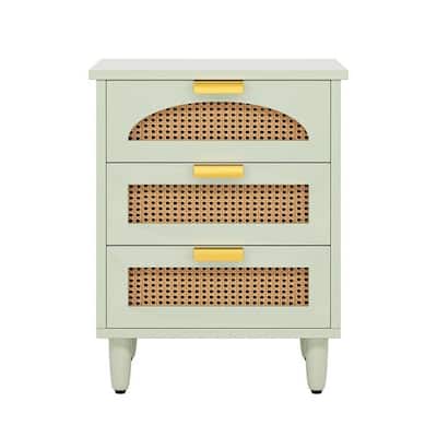 Retro Green 3 Drawer Nightstand with Rattan Accents and Gold Handles Modern Farmhouse Style