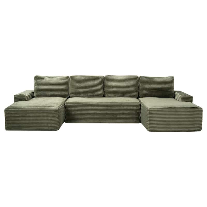 133.4" U-Shaped Corduroy Sectional Sofa with Cup Holders, No Assembly Required