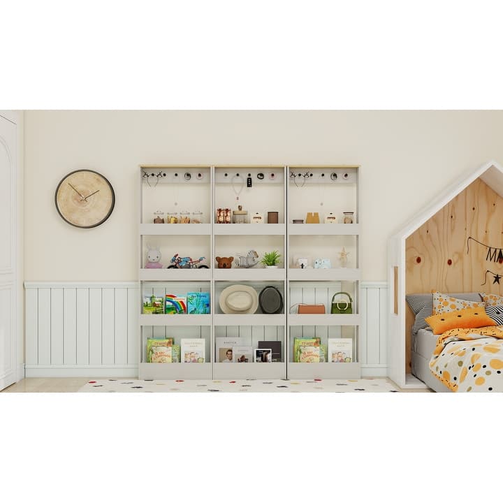 Behind The Door 69" Tall Narrow Bookcase, Space-Saving Storage Cabinet with 4 Shelves & 5 Hooks for Any Room