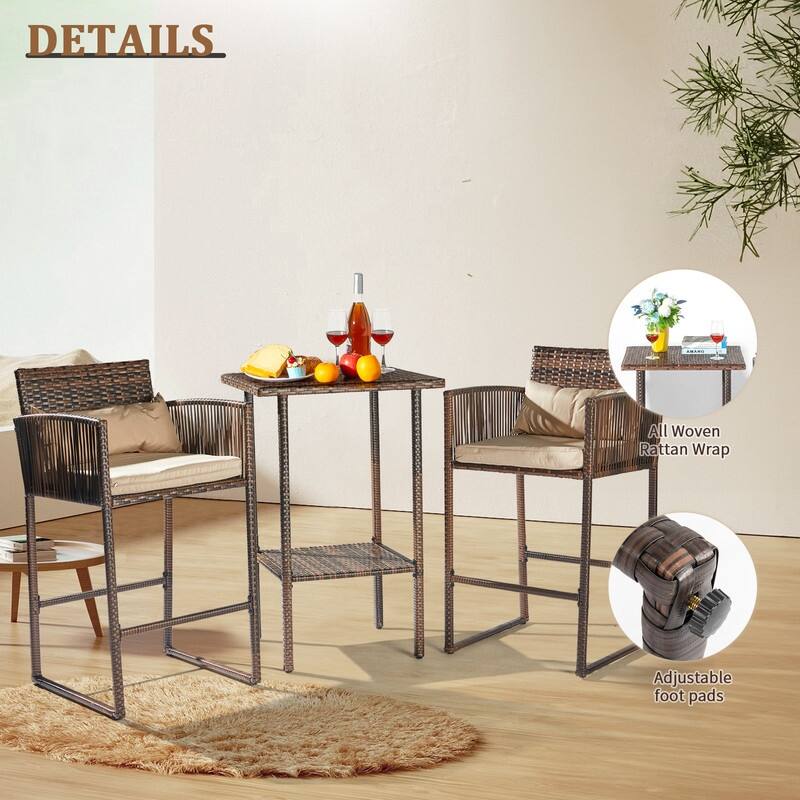 Outdoor 3PCS Wicker Bistro Set with Cushions