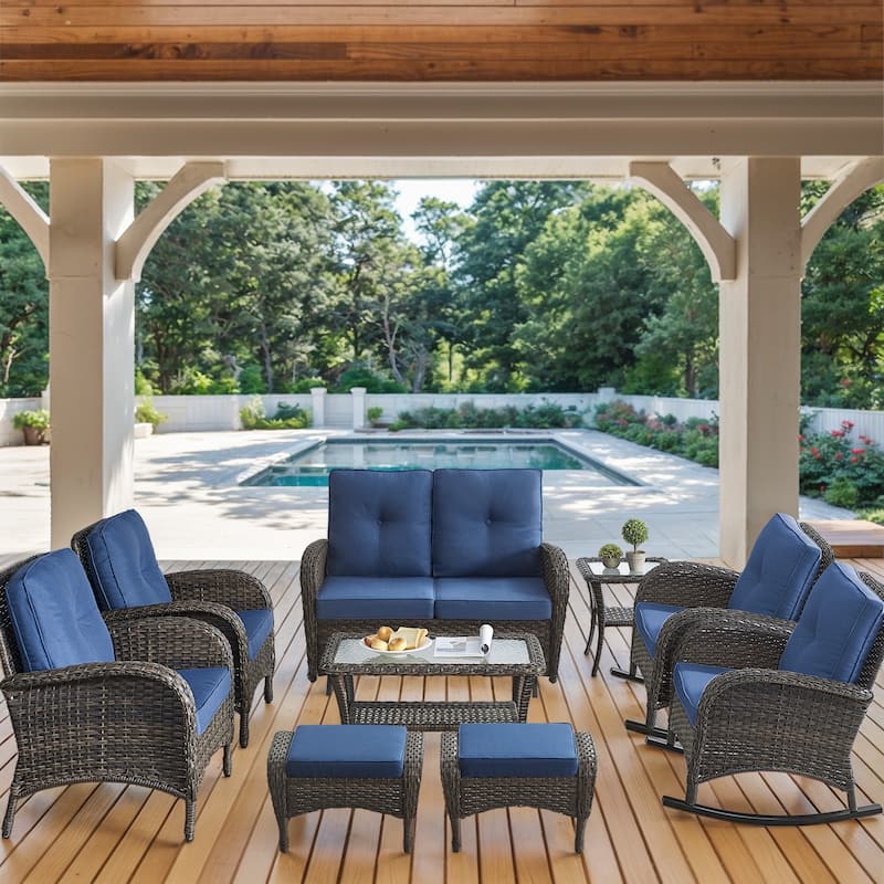 Outdoor Glider Sofa,Patio Chair, Rocking Chair with Ottomans - Brown - Blue