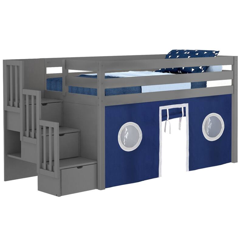 JACKPOT Contemporary Low Loft Twin Bed with 3 Step Stairway and Tent - Grey with Blue & White Tent