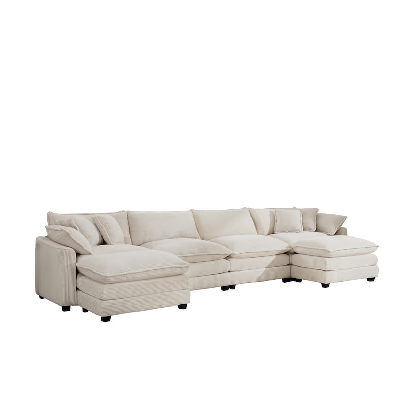 Beige 150" Corduroy Cloud Upholstered Modular U-Shaped Sectional Sofa with 2 Removable Ottoman and Free Combination Design