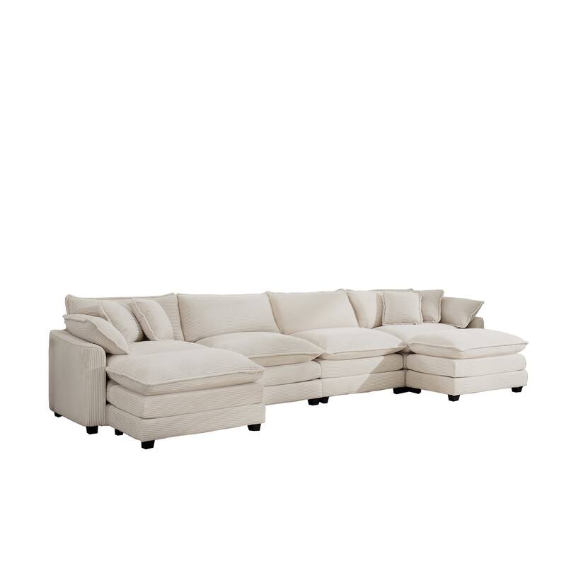 Beige 150" Corduroy Modular U-Shaped Sectional Sofa with 2 Ottomans