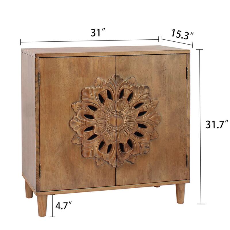 Rustic Hand-Carved Wooden Cabinet with Floral Doors, Boho 2-Door Accent Storage Sideboard for Living Room or Entryway