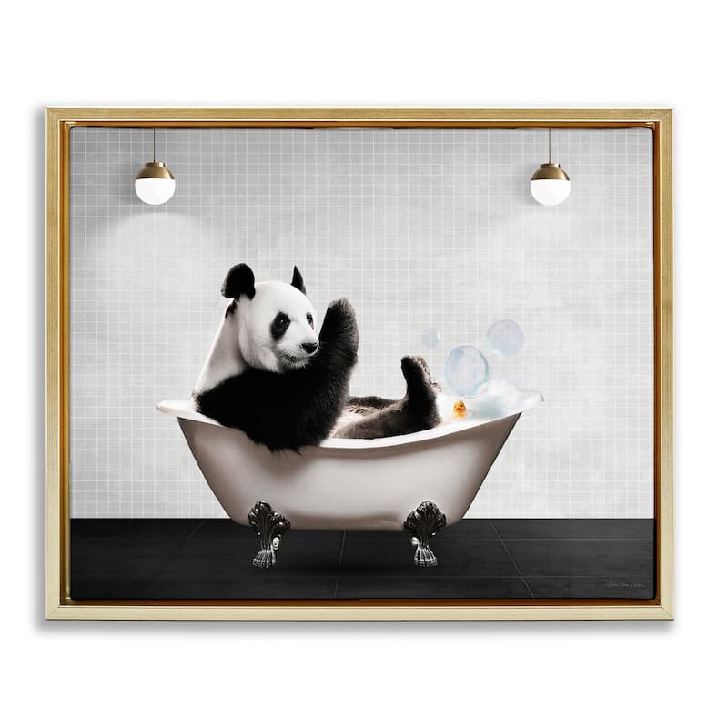 Stupell Panda in Modern Bubble Bath Framed Floater Canvas Wall Art Design By Seven Trees Design - 31 x 25 - Gold