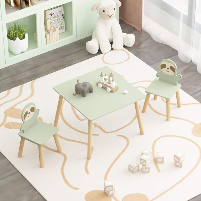 Kids Table and Chair Set with 2 Cute Sloth Chairs, Wooden Toddler Activity Table, Cute Animal Design Play & Study Set