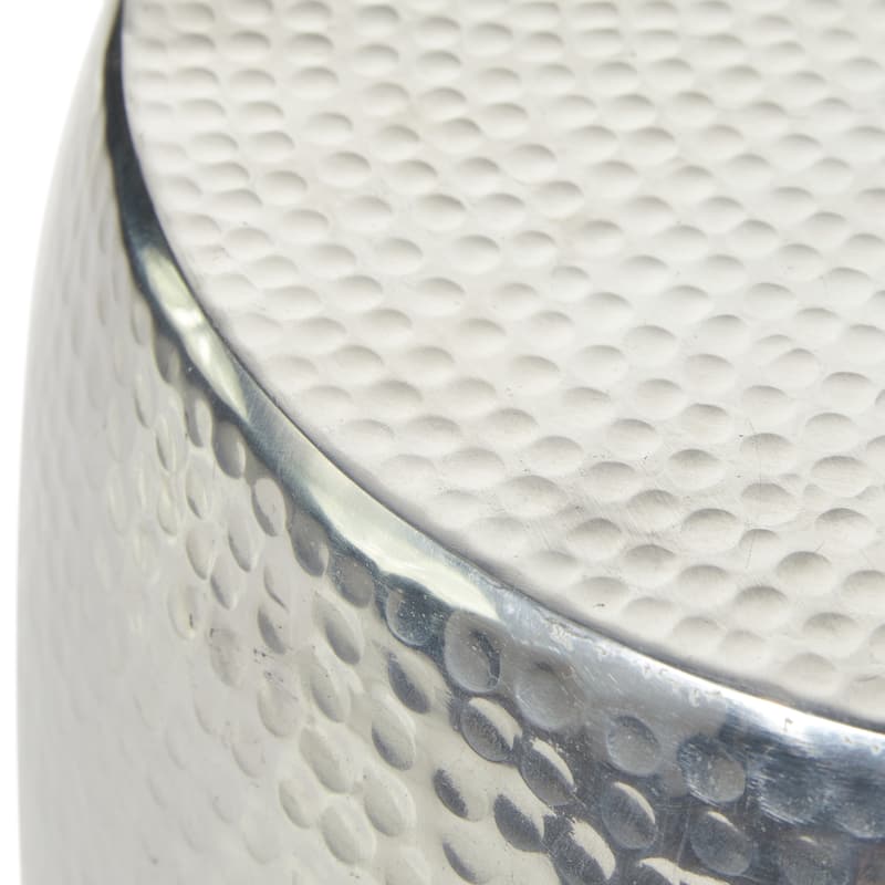 Silver Aluminum Metal Drum Shaped Accent Table with Hammered Design