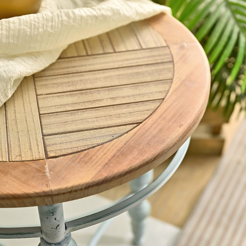 Rossetta Compact Round Shape Rustic Wooden Top Metal Leg End Table, Easy Assembly