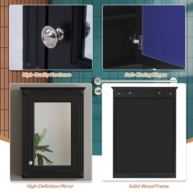 20" Wall Mounted Bathroom Medicine Cabinet with Mirror, Adjustable Shelf Storage Cabinet Over Toilet, Solid Wood Frame