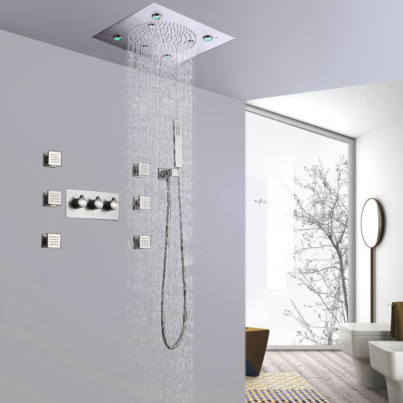 Luxury Ceiling Mounted 9-color LED 4-Way Complete Rain and Spray Shower System with 6 Body Jets and Showerhead