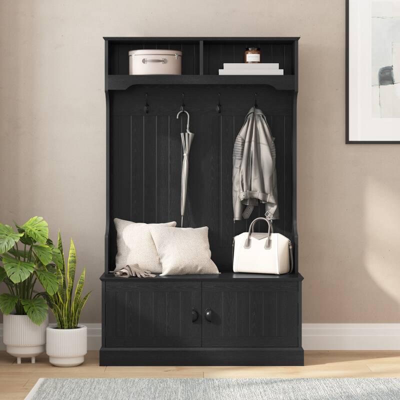Hall Tree with Storage Bench, Upper Cubbies and 4 Double Coat Hooks - 18.5"D x 39.25"W x 65"H