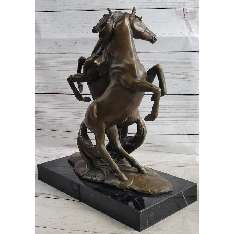 Two Rearing Stallions Horses Bronze Sculpture Statue Horse Lover Decor Signed Art On Marble Base