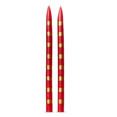 Red and Gold Striped Taper Candles - 12 Inch Decorative Candles for Christmas - 6 Hour Burn Time - Set of 2