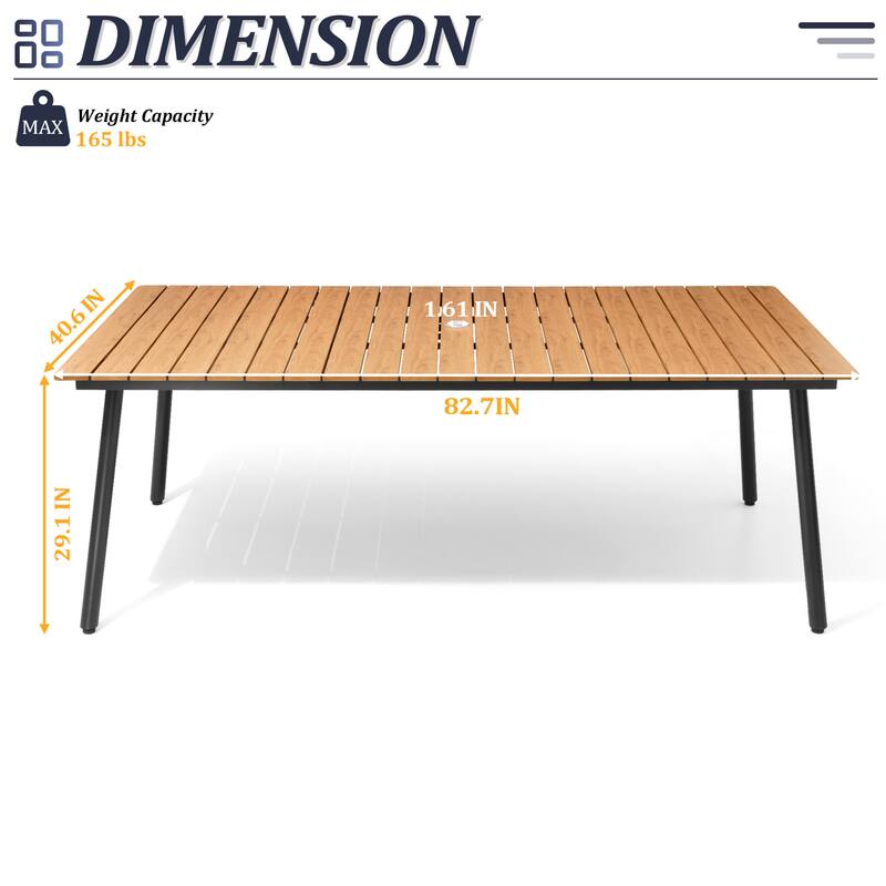 82.7in Outdoor Patio Rectangle Aluminum Wood-Like Dining Table with Umbrella Hole